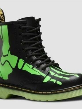 Dr. Martens Kids Black Boots with Neon Green Skeleton Graphic Rare